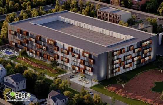 Aerial dusk view of a modern apartment complex with flat roof and wood-accented balconies, designed by BASE4