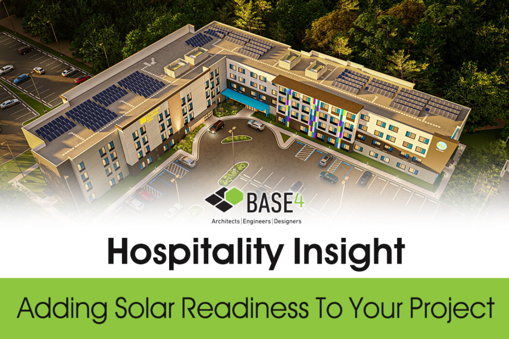 Rendering of a hotel with solar panels on the roof, showcasing solar-ready design by BASE4.